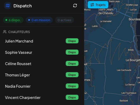 Écran Dispatch de KGPilot : la liste des chauffeurs disponibles et leur position en direct sur la carte.